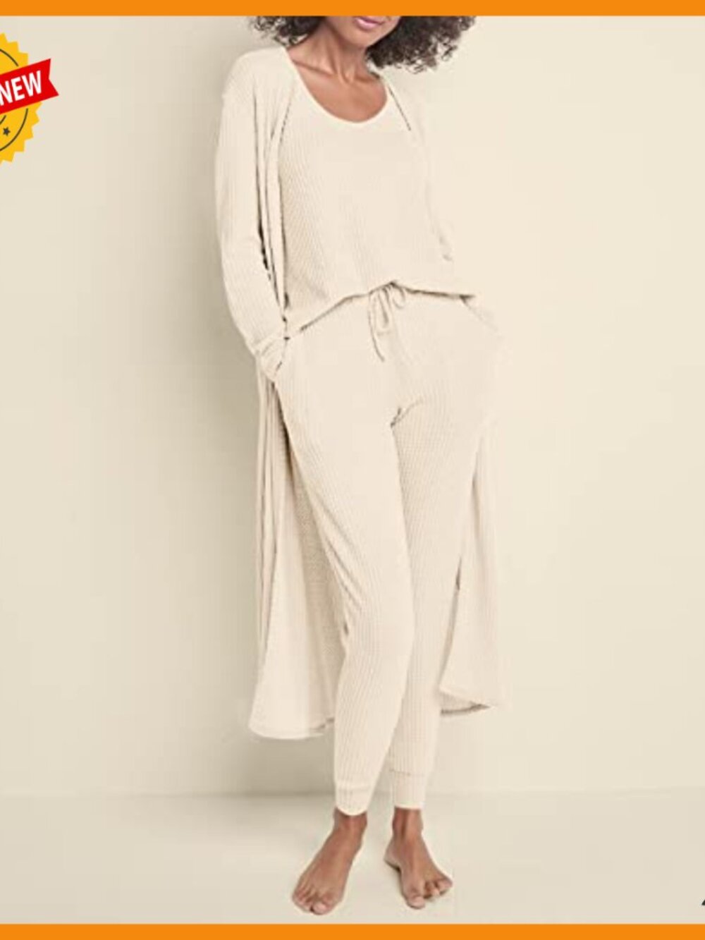 3 Piece Waffle Knit Lounge Set with Cardigan Joggers Tank Top - Picture 2 of 6